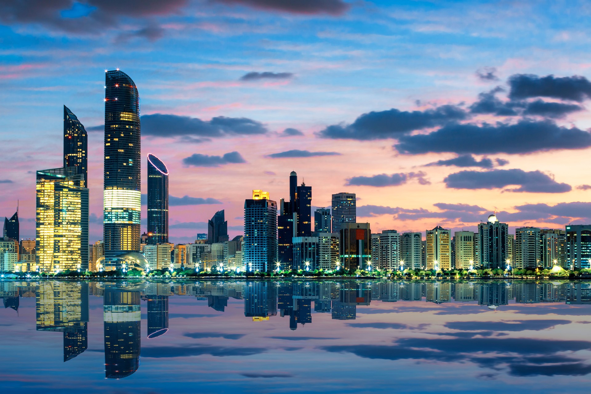 View of Abu Dhabi Skyline at sunset