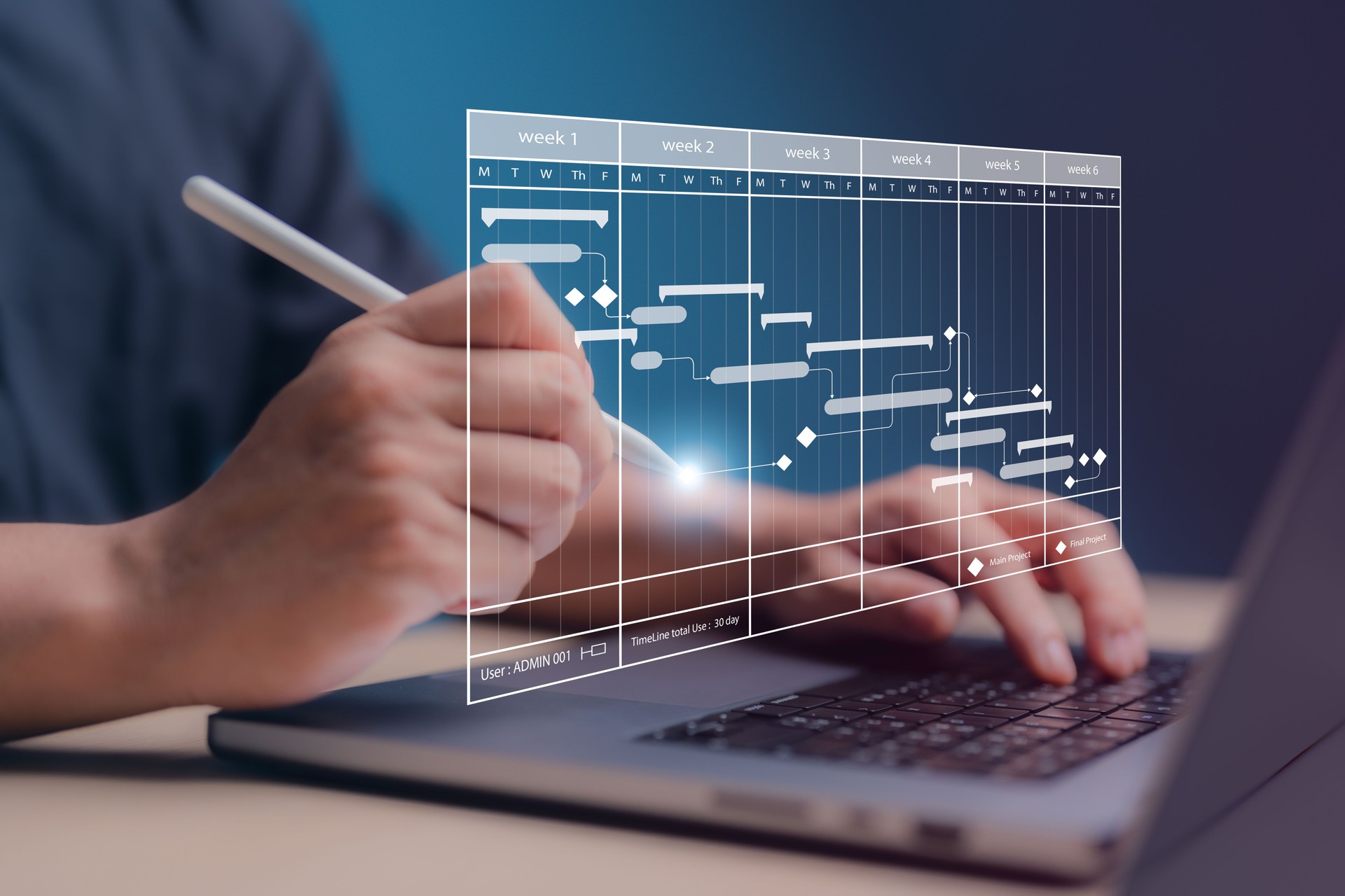 Project management concept. Site manager working with Gantt chart schedule for plan tasks and progress. Planning software. Corporate strategy for construction, finance, operations, sales, marketing.