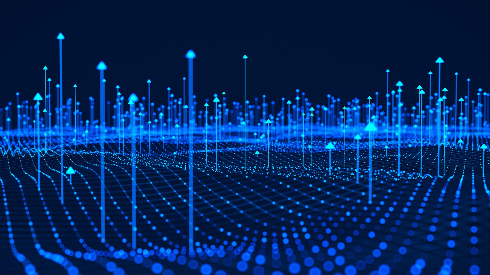 Digital Data Visualization with Rising Arrows and Network Grid